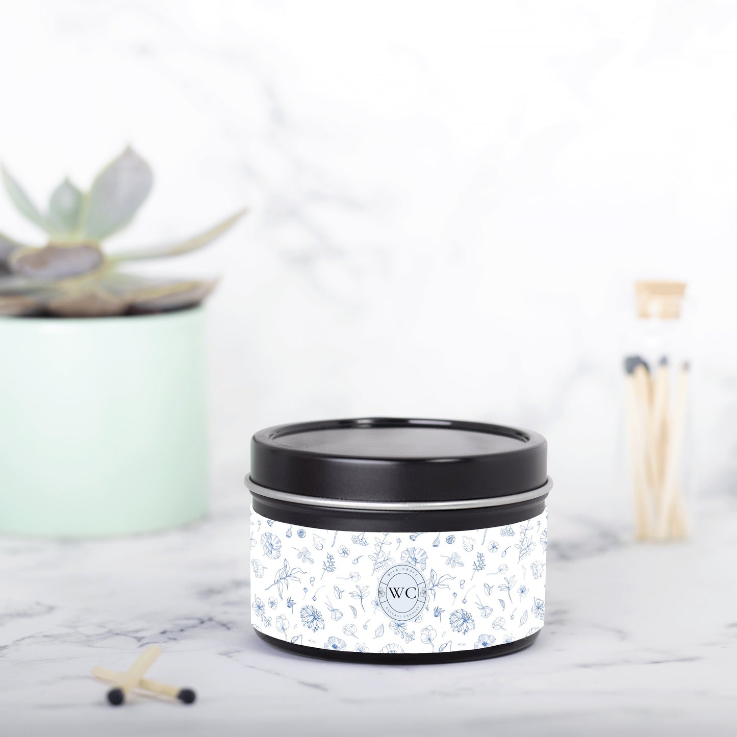 Porcelain Blue flower print, aesthetic, vegan, eco friendly, pet friendly, Hand poured Candle Tin (4oz) (Silver or Black)