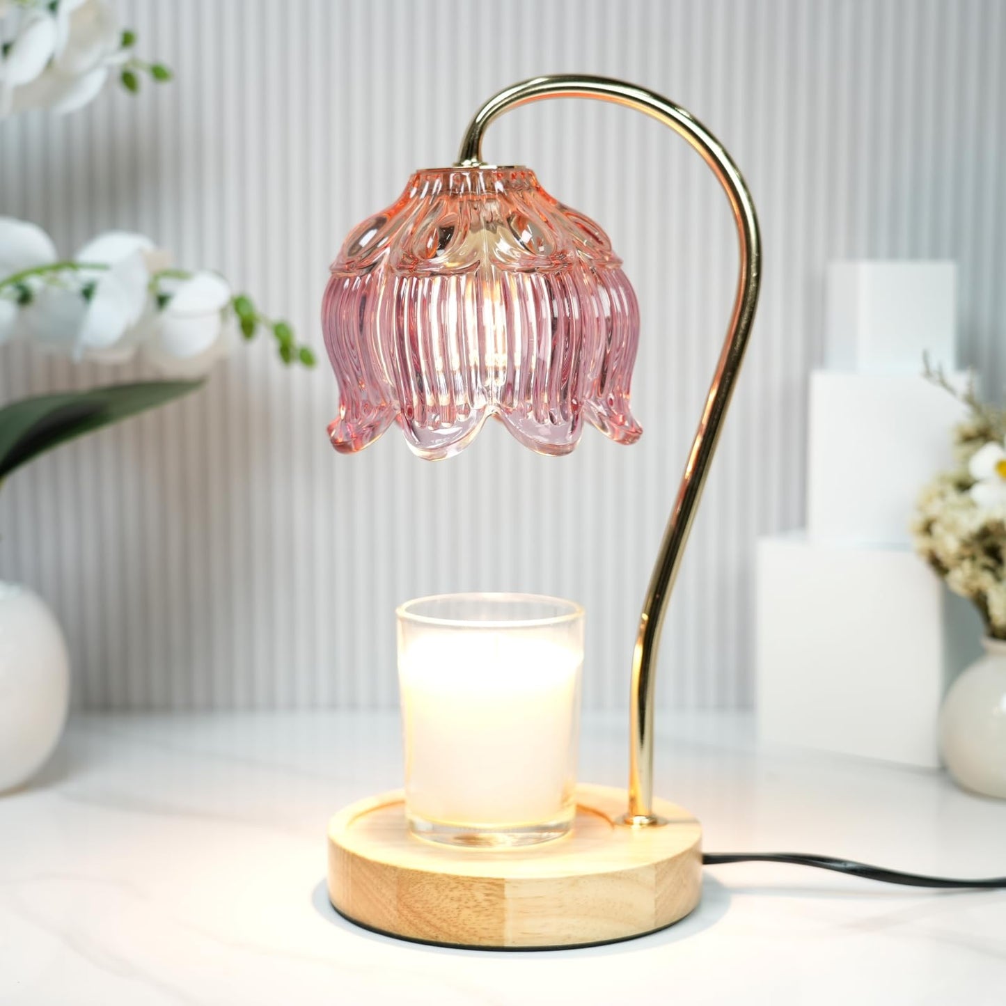 Dimmable Flower Candle Warmer Lamp, Green Candle Warmer with Timer & 4Bulbs, Womens Gifts for Valentines Birthday, Unique Home Decor for Bedroom Living Room Decor Aesthetic