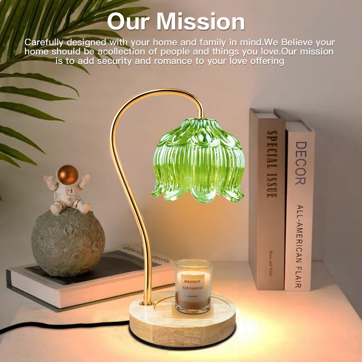 Dimmable Flower Candle Warmer Lamp, Green Candle Warmer with Timer & 4Bulbs, Womens Gifts for Valentines Birthday, Unique Home Decor for Bedroom Living Room Decor Aesthetic