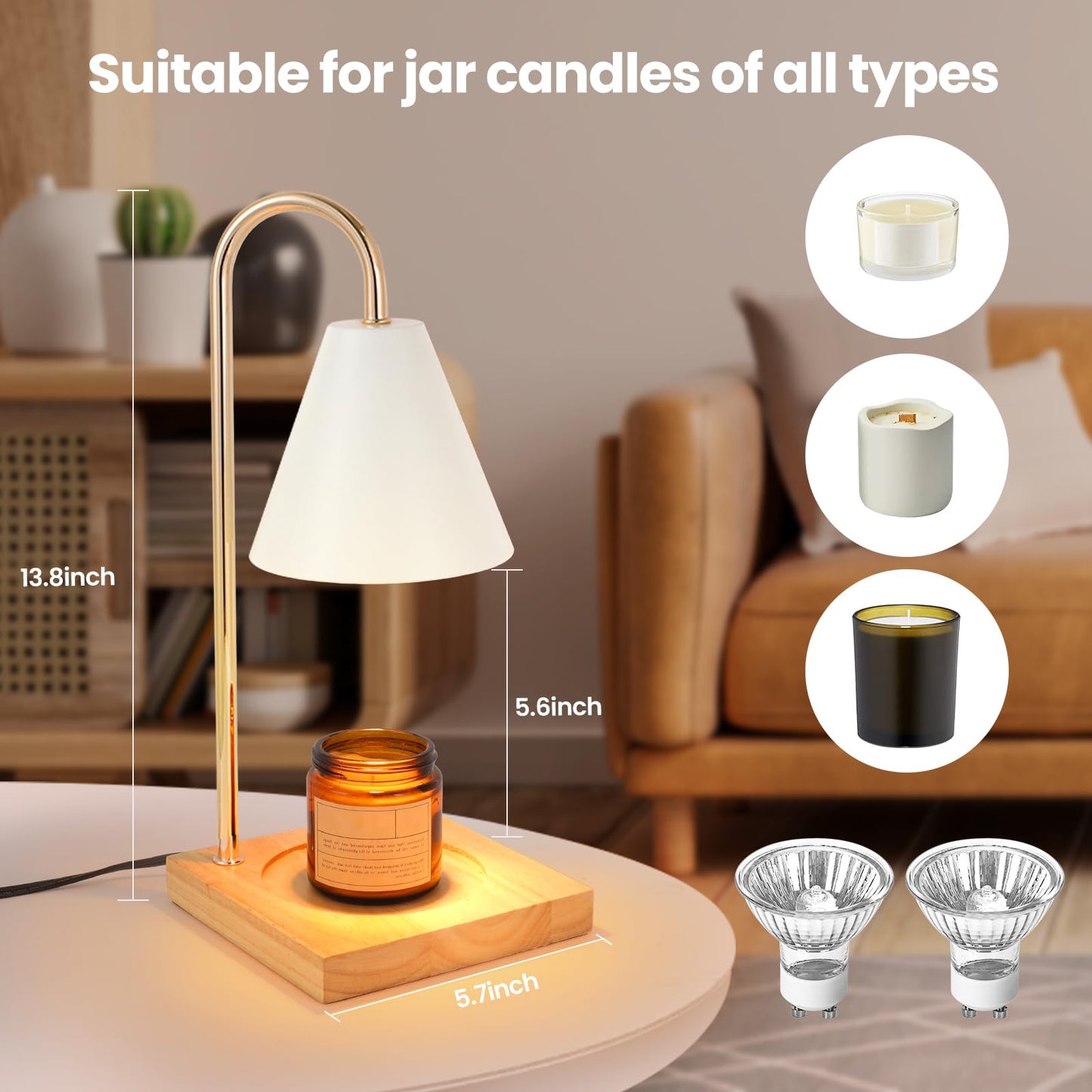 Candle Warmer Lamp, Dimmable Candle Warmer Lamp for Jar Candles, Electric Black Candle Warmer Lamp with Timer 2H/4H/8H Nightstand Lamp for Bedroom (2 Wax Warmer Bulbs)