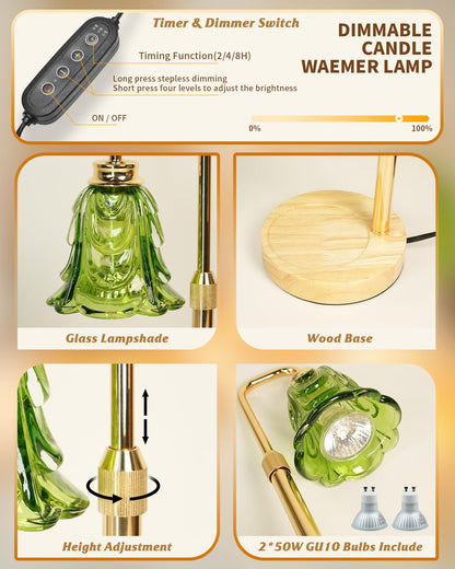 Dimmable Flower Candle Warmer Lamp, Green Candle Warmer with Timer & 4Bulbs, Womens Gifts for Valentines Birthday, Unique Home Decor for Bedroom Living Room Decor Aesthetic