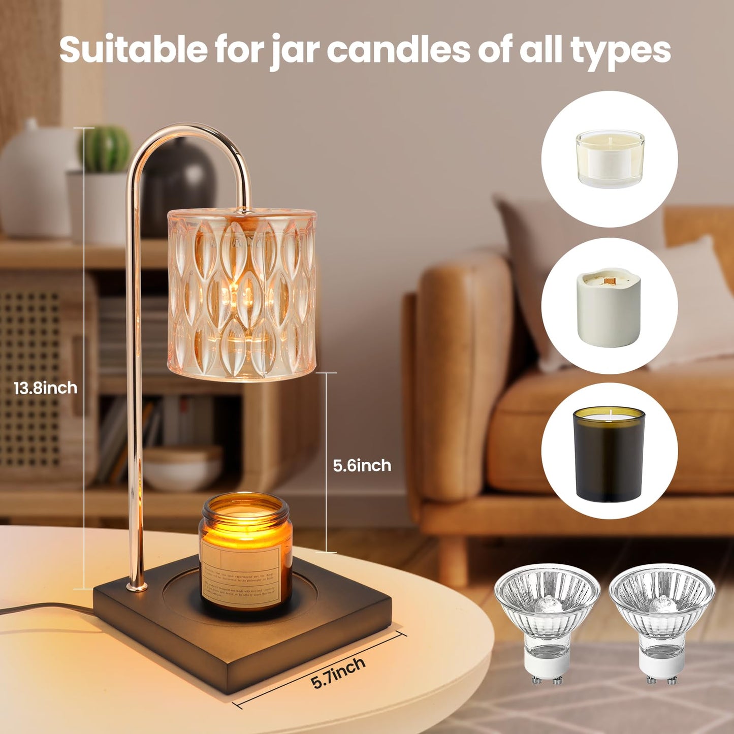 Candle Warmer Lamp, Dimmable Candle Warmer Lamp for Jar Candles, Electric Black Candle Warmer Lamp with Timer 2H/4H/8H Nightstand Lamp for Bedroom (2 Wax Warmer Bulbs)